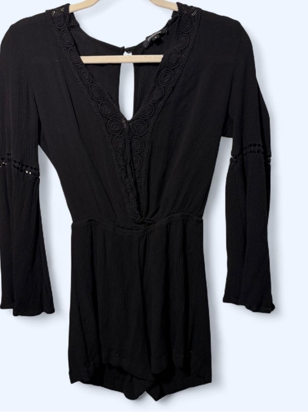 Black Long-Sleeve Lace-Trim V-Neck Dress